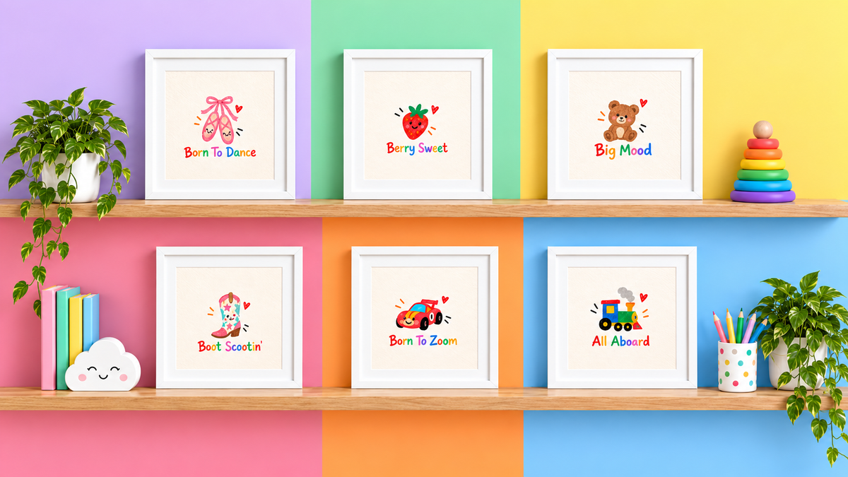 Six framed baby nursery art prints arranged on two wooden shelves against a colorful pastel wall. The prints feature cute illustrations and phrases like 'Born to Dance,' 'Berry Sweet,' 'Big Mood,' 'Best Sleepin',' 'Born to Zoom,' and 'All Aboard.