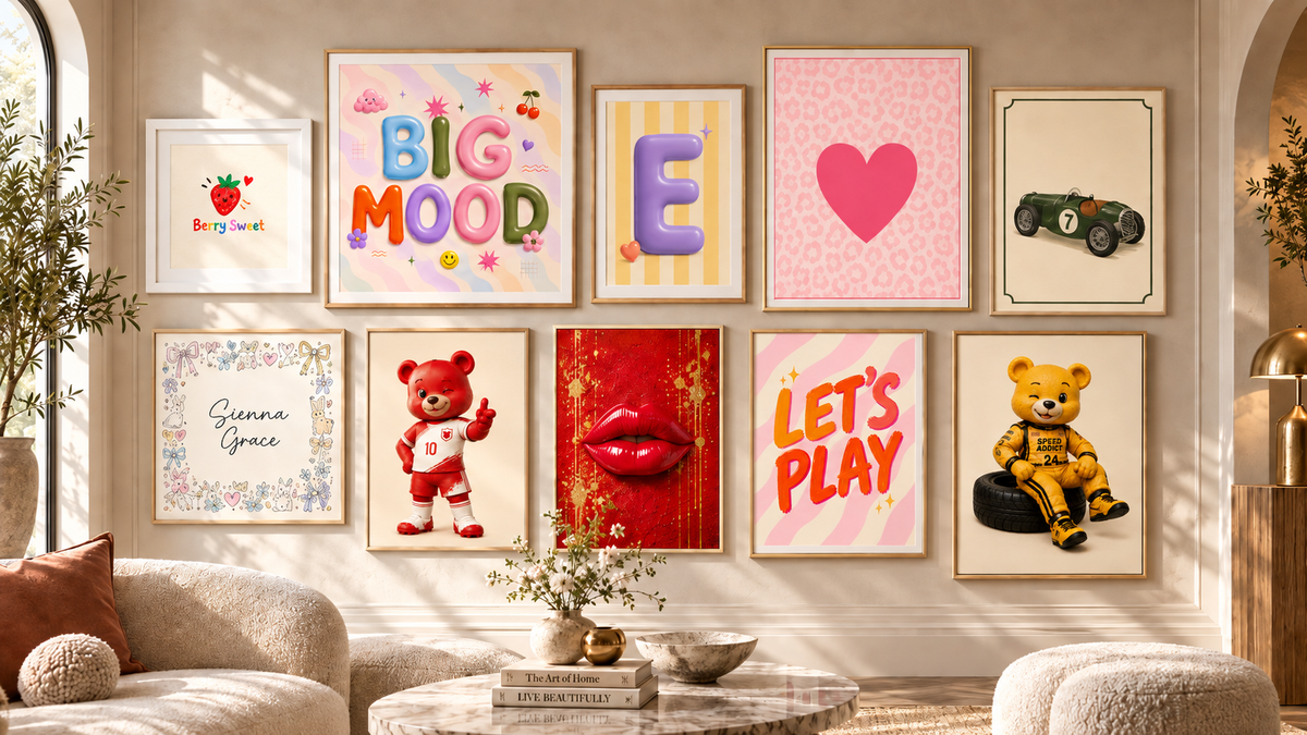 A styled interior wall with multiple framed art prints arranged above a sofa. The prints feature playful colorful designs including the words “BIG MOOD,” “LET’S PLAY,” a pink heart, a teddy bear, red lips, a race car, and floral text.